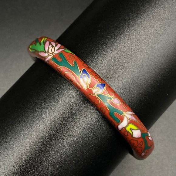 Jewelry - Vintage Cloisonne Enamel Bangle Bracelet Red Floral Hinged Brass 7.25